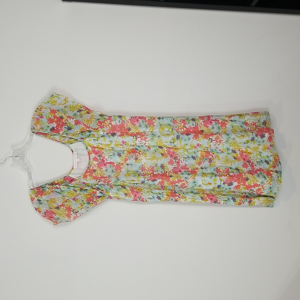 TORI RICHARD Green Coral Blue Silk Scoop Neck Floral Ruffle Cap Shift Dress